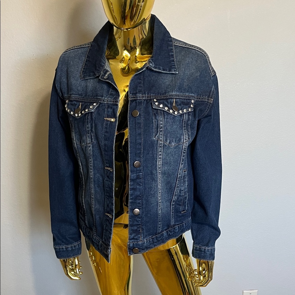 American Bazi Dark Blue Jean Jacket with Studded Details heart cut out in back.